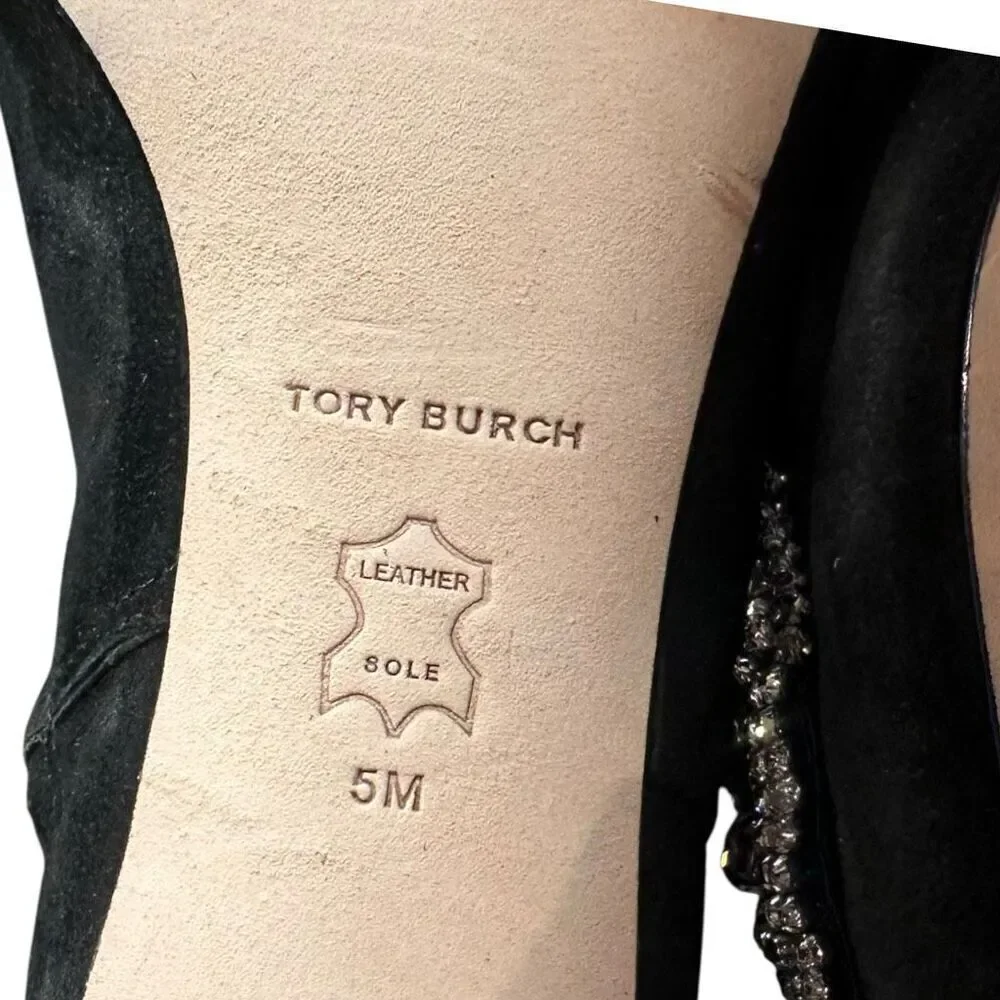 Tory Burch $498 Embellished Crystal Bow Leather Suede Ankle Booties Boots Shoes